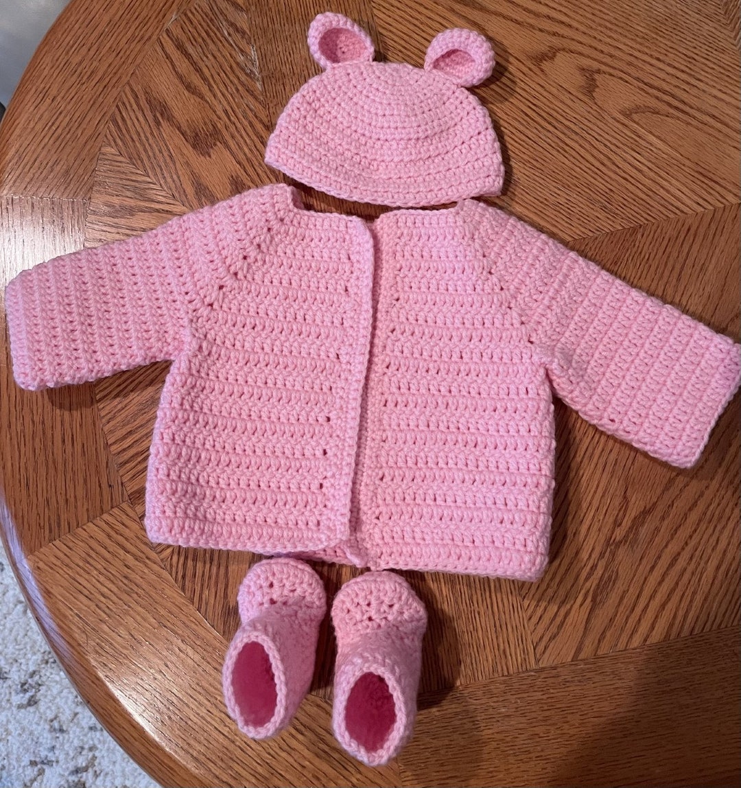 Baby Sweater Set, Crocheted Baby Set, 36 Months, Baby Shower Gift, Sweater and Hat and Booties