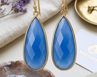 Blue Chalcedony Statement Earrings, Gold Plated Gemstone Jewelry, March Birthstone Earrings For Women