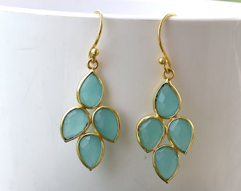 Jewelry Gifts For Women Aqua Chalcedony Dangle Earrings For Her , March Birthstone Handmade Item