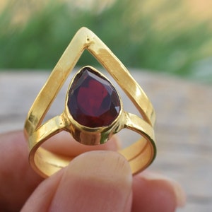 Garnet Rings - 18K Gold Plated Rings - January Birthstone Gemstone Jewelry - Handmade Gift For Her Birthday Anniversary Wife Mom Girlfriend