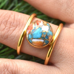 Oyster Copper Turquoise Ring - 18K Gold Plated Designer Ring - Mojave Mohave Kingman Turquoise Jewelry - Chunky Color Fashion Rings - VR-030
