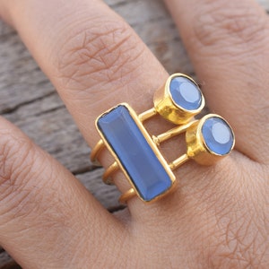 Blue Chalcedony Rings - 18K Gold Plated Rings - March Birthstone Gemstone - Handmade Gift For Her Birthday Anniversary Wife Mom Girlfriend