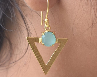 Aqua Chalcedony Statement Earrings, Gold Plated Gemstone Jewelry, Wedding Guest Earrings