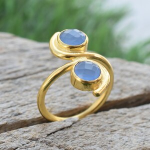 Blue Chalcedony Rings - 18K Gold Plated Rings - March Birthstone Gemstone - Handmade Gift For Her Birthday Anniversary Wife Mom Girlfriend