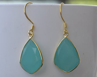 Jewelry Gifts For Women Aqua Chalcedony Dangle Earrings For Her , March Birthstone Handmade Item