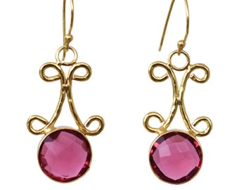 Jewelry Gift Pink Tourmaline Dangle Drop Earrings : Gold Plated Handmade October Birthstone Gemstone