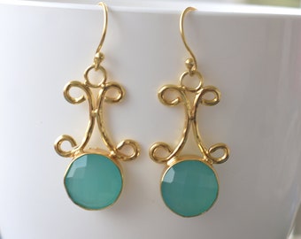 Aqua Chalcedony Gold Plated Dangle Earrings For Women , Elegant Gemstone Jewelry March Birthstone Jewelry