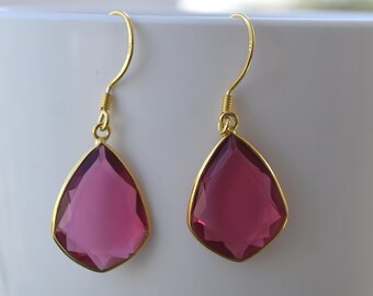 Pink Tourmaline Dangle Drop Earrings :  Gold Plated Handmade Jewelry October Birthstone Gifts
