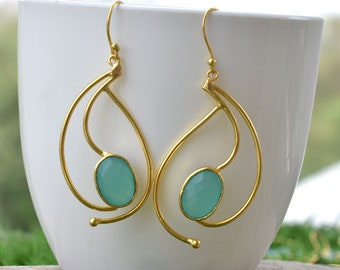 Jewelry Gifts For Women Aqua Chalcedony Dangle Earrings For Her , March Birthstone Handmade Item