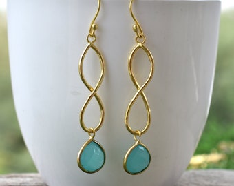 Aqua Chalcedony Statement Earrings, Gold Plated Gemstone Jewelry, Wedding Guest Earrings