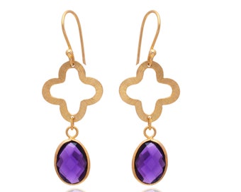 Gold Plated Amethyst Dangle Earrings : Unique Gifts For Her February Birthstone Purple Crystal Jewelry
