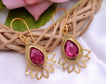 Jewelry Gift Pink Tourmaline Dangle Drop Earrings : Gold Plated Handmade October Birthstone Gemstone