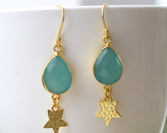 Aqua Chalcedony Statement Earrings, Gold Plated Gemstone Jewelry, Wedding Guest Earrings