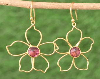 Pink Tourmaline Dangle Drop Earrings :  Gold Plated Handmade Jewelry October Birthstone Gifts