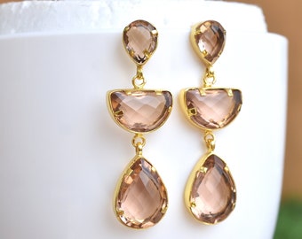 Morganite Gold Plated Half Moon and Pear Shape Stud Earrings - Gold Filled Fashion Jewelry - Boho Popular Ethnic Jewelry for Women -VE-049