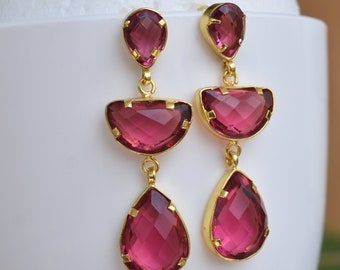 Jewelry Gift Pink Tourmaline Dangle Drop Earrings : Gold Plated Handmade October Birthstone Gemstone