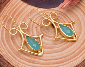 Aqua Chalcedony Statement Earrings, Gold Plated Gemstone Jewelry, Wedding Guest Earrings