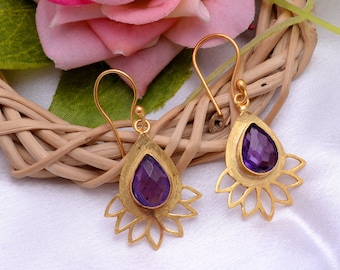 Gold Plated Amethyst Dangle Earrings : Unique Gifts For Her February Birthstone Purple Crystal Jewelry