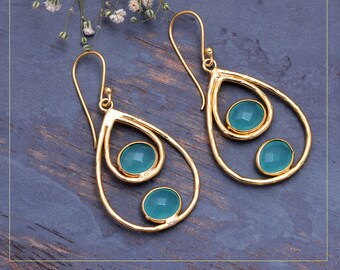 Aqua Chalcedony Statement Earrings, Gold Plated Gemstone Jewelry, Wedding Guest Earrings