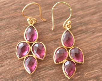 Pink Tourmaline Dangle Drop Earrings :  Gold Plated Handmade Jewelry October Birthstone Gifts