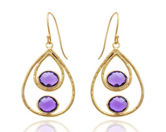 Gold Plated Amethyst Dangle Earrings : Unique Gifts For Her February Birthstone Purple Crystal Jewelry