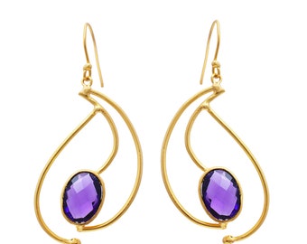 18K Gold Plated Amethyst Earrings, Boho Purple Gemstone Jewelry