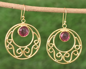 Pink Tourmaline Dangle Drop Earrings :  Gold Plated Handmade Jewelry October Birthstone Gifts