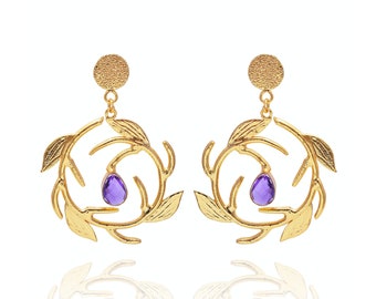 18K Gold Plated Amethyst Earrings For Women - Amethyst Designer Brass Jewelry Chunky Earrings - Handmade Gift For Her Brass Earrings -VE-529