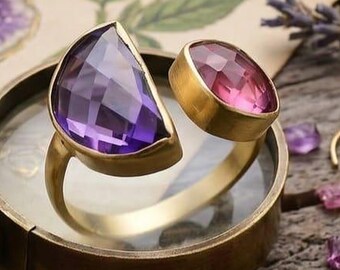 Half Moon Gold Plated Multi Gemstone Rings , Pink Tourmaline , Amethyst Rings : Handmade Gifts