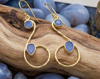 Handmade Blue Chalcedony Earrings, Gold Plated Artisan Jewelry, Unique Birthday Gift For Her