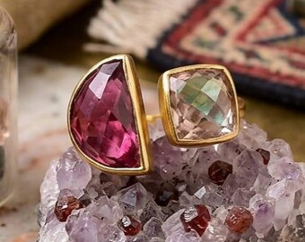 Gold Plated Multi Gemstone Rings For Women , Pink Tourmaline , Morganite Rings : Handmade Gifts