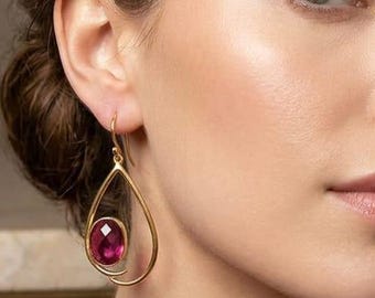 Pink Tourmaline Dangle Drop Earrings :  Gold Plated Handmade Jewelry October Birthstone Gifts