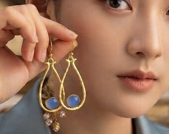 Handmade Blue Chalcedony Earrings, Gold Plated Artisan Jewelry, Unique Birthday Gift For Her