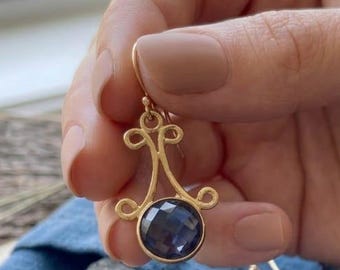 18K Gold Plated Iolite Earrings, Nickel-Free, Hypoallergenic Jewelry