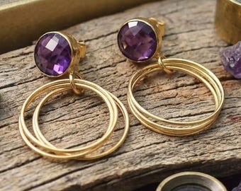 Amethyst Gold Plated Hoop Earrings, 18K Gold Layered Boho Jewelry