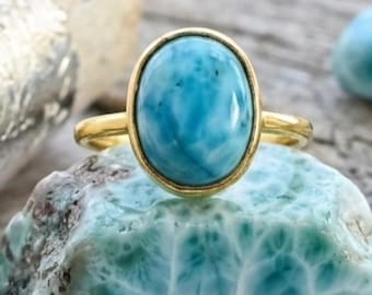 18K Gold Plated Larimar Ring, Statement Gemstone Jewelry For Women