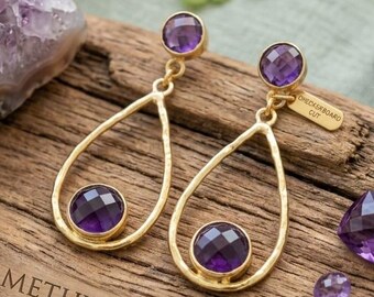 Dainty Amethyst Earrings Gold Plated, Minimalist Purple Gemstone Earrings, Everyday Jewelry Gift For Women