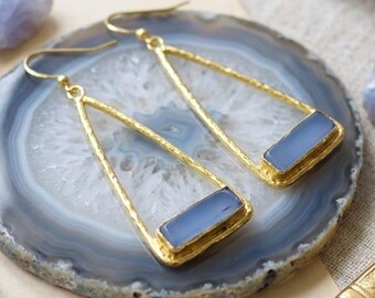 Blue Chalcedony Statement Earrings, Gold Plated Gemstone Jewelry, March Birthstone Earrings For Women