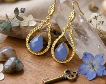 Handmade Blue Chalcedony Dangle Earrings Gold Plating, Boho Chic Gemstone Jewelry, Bridesmaid Gift Earrings