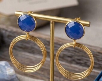 Handmade Blue Chalcedony Dangle Earrings Gold Plating, Boho Chic Gemstone Jewelry, Bridesmaid Gift Earrings