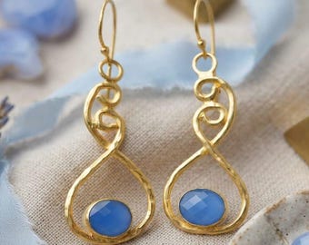 Handmade Blue Chalcedony Earrings, Gold Plated Artisan Jewelry, Unique Birthday Gift For Her