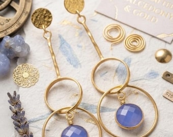Handmade Blue Chalcedony Dangle Earrings Gold Plating, Boho Chic Gemstone Jewelry, Bridesmaid Gift Earrings