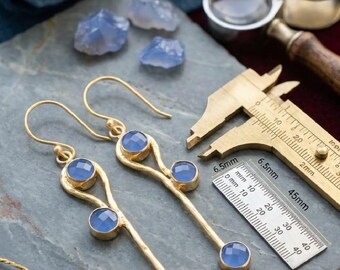 Handmade Blue Chalcedony Earrings, Gold Plated Artisan Jewelry, Unique Birthday Gift For Her