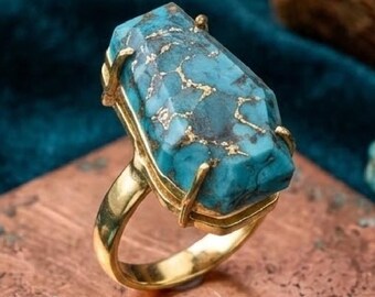 18K Gold Plated Blue Copper Turquoise Coffin Ring, Handmade Statement Jewelry
