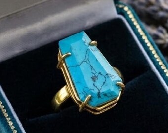 Turquoise Coffin Gemstone Ring, 18K Gold Plated, Handmade Statement Jewelry