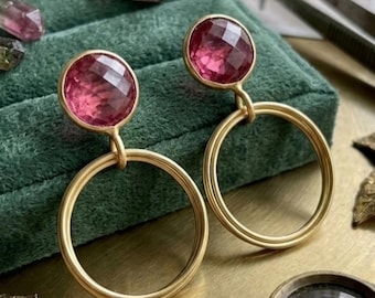 Pink Tourmaline Dangle Drop Earrings :  Gold Plated Handmade Jewelry October Birthstone Gifts