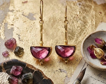 Pink Tourmaline Dangle Drop Earrings :  Gold Plated Handmade Jewelry October Birthstone Gifts