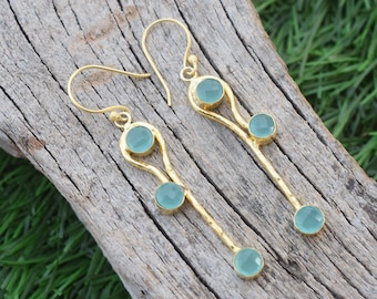 Jewelry Gifts For Women Aqua Chalcedony Dangle Earrings For Her , March Birthstone Handmade Item