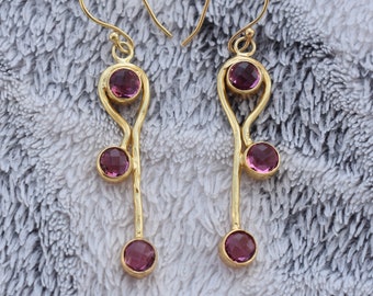 Pink Tourmaline Dangle Drop Earrings :  Gold Plated Handmade Jewelry October Birthstone Gifts
