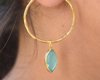 Aqua Chalcedony Gold Plated Dangle Earrings For Women , Elegant Gemstone Jewelry March Birthstone Jewelry